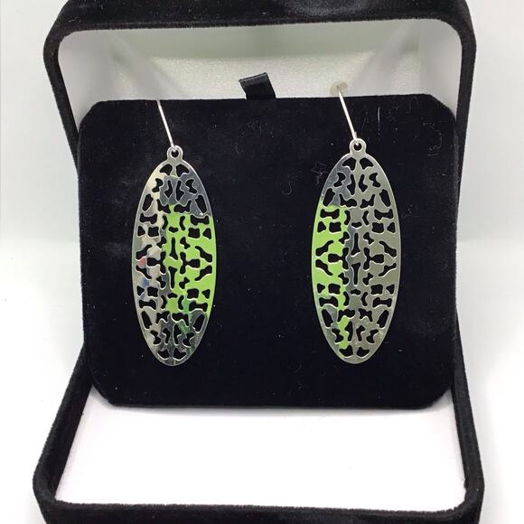 Sterling Silver Oval Cutout Dangle Earrings Hook 5.3g Modern Abstract Design - Picture 2 of 15